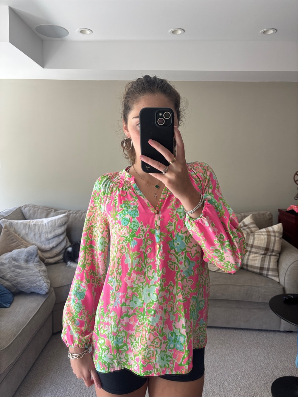 Lilly Pulitzer Pink Floral Split-V Neck Blouse